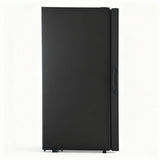 Glass door bar fridge with LED light on and shelves stocked with drinks