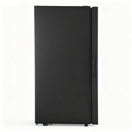 Glass door bar fridge with LED light on and shelves stocked with drinks