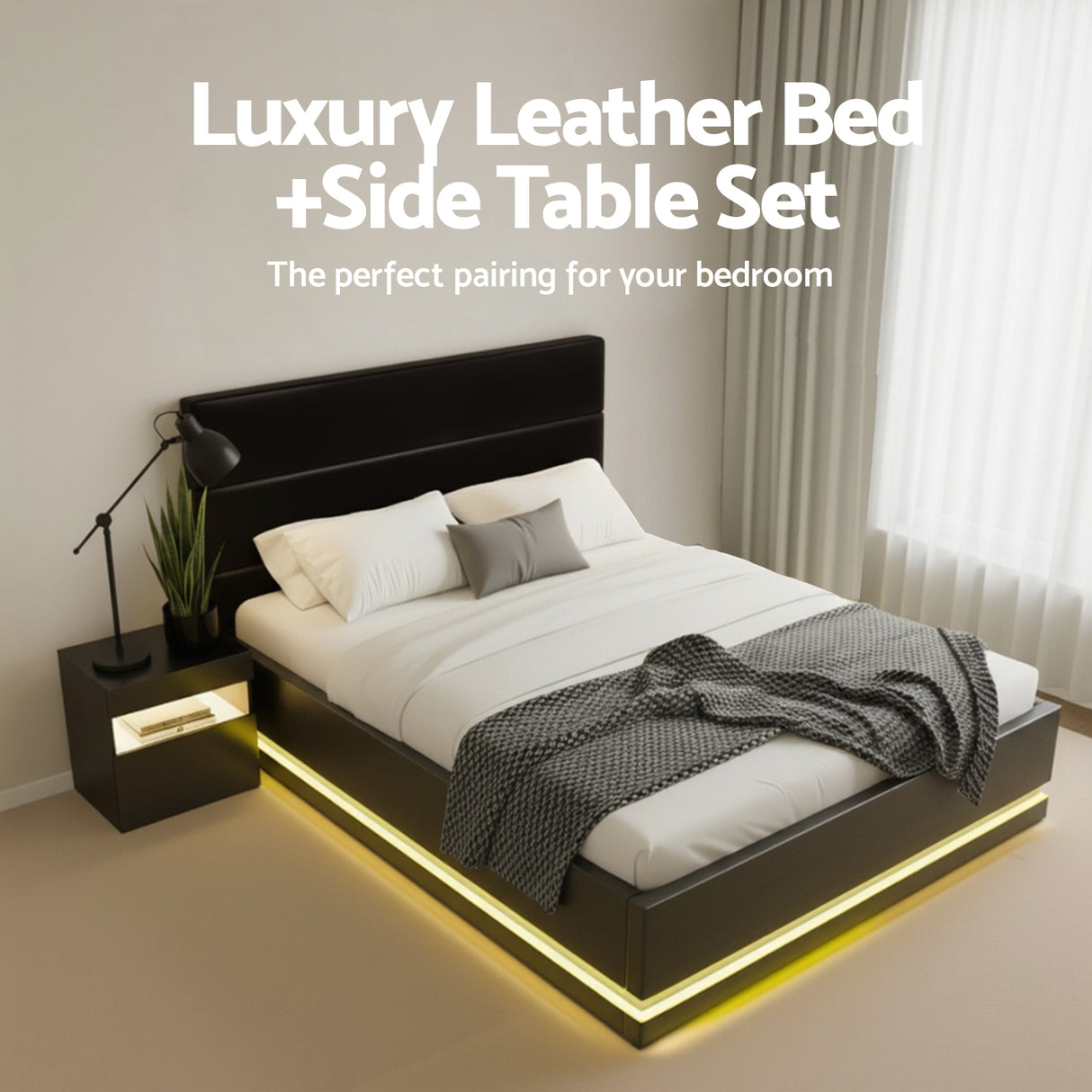 Montalcino Double Bed Frame with Bedside Table, Black