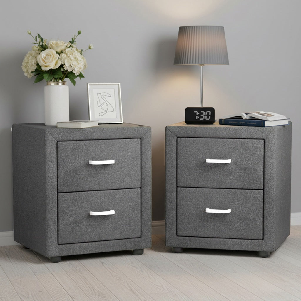 Wyrallah Upholstered Bedside Table, Grey 2pcs