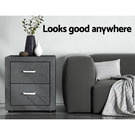 Wyrallah Upholstered Bedside Table, Grey 2pcs