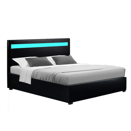 Artiss COLE double black LED gas lift bed frame showing 300kg capacity — Allure Home Collections