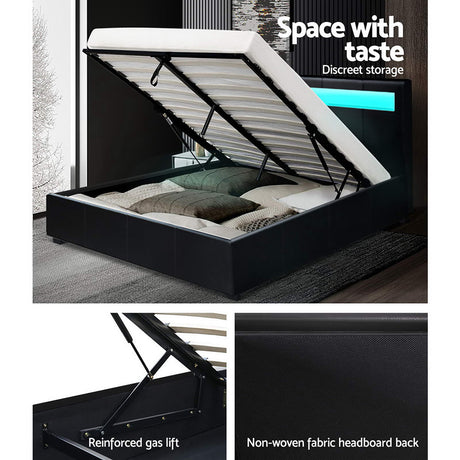 Artiss COLE double black LED gas lift bed frame showing 202 x 144 x 100cm — Allure Home Collections