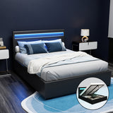 Artiss COLE double gas lift LED bed frame in black PVC leather — full front view — Allure Home Collections