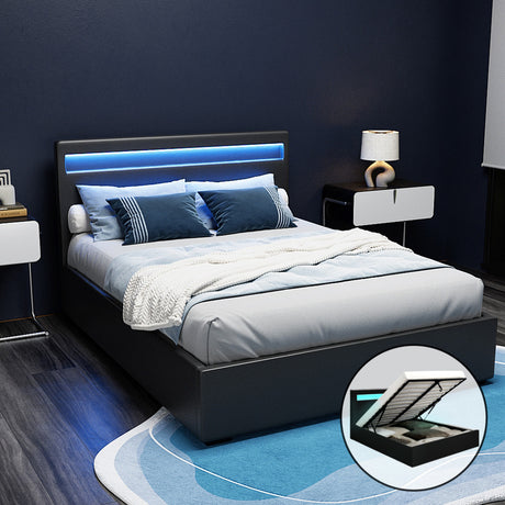 Artiss COLE double gas lift LED bed frame in black PVC leather — full front view — Allure Home Collections