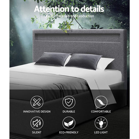 Artiss COLE grey double LED gas lift bed frame styled in bedroom — Allure Home Collections