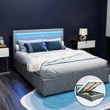 Artiss COLE double gas lift LED bed frame in grey faux linen — full front view — Allure Home Collections