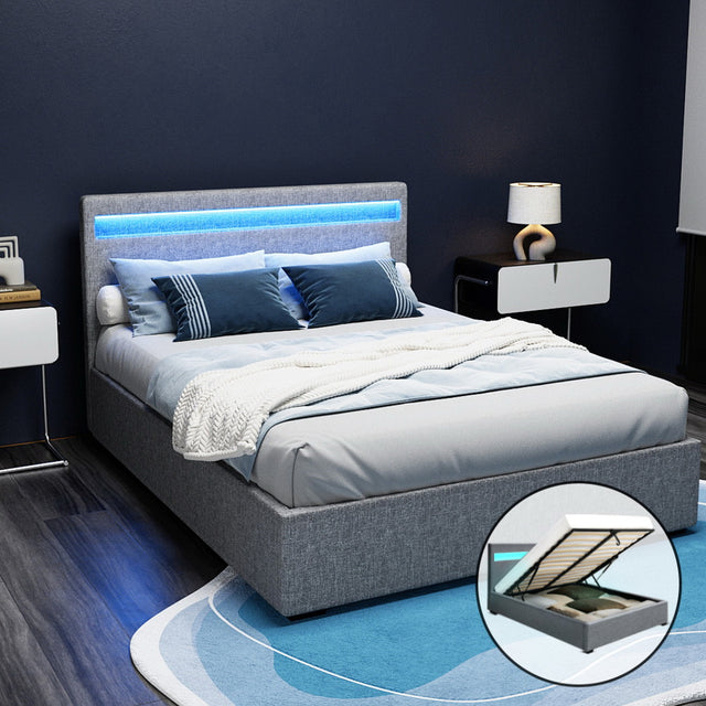 Artiss COLE double gas lift LED bed frame in grey faux linen — full front view — Allure Home Collections