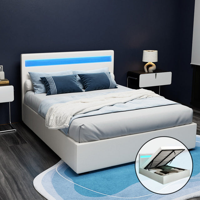 Artiss COLE double gas lift LED bed frame in white PVC leather — full front view — Allure Home Collections