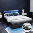 Artiss COLE queen gas lift LED bed frame in black PVC leather — full front view — Allure Home Collections