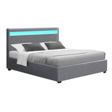 Artiss COLE grey gas lift LED bed frame showing 300kg capacity — Allure Home Collections