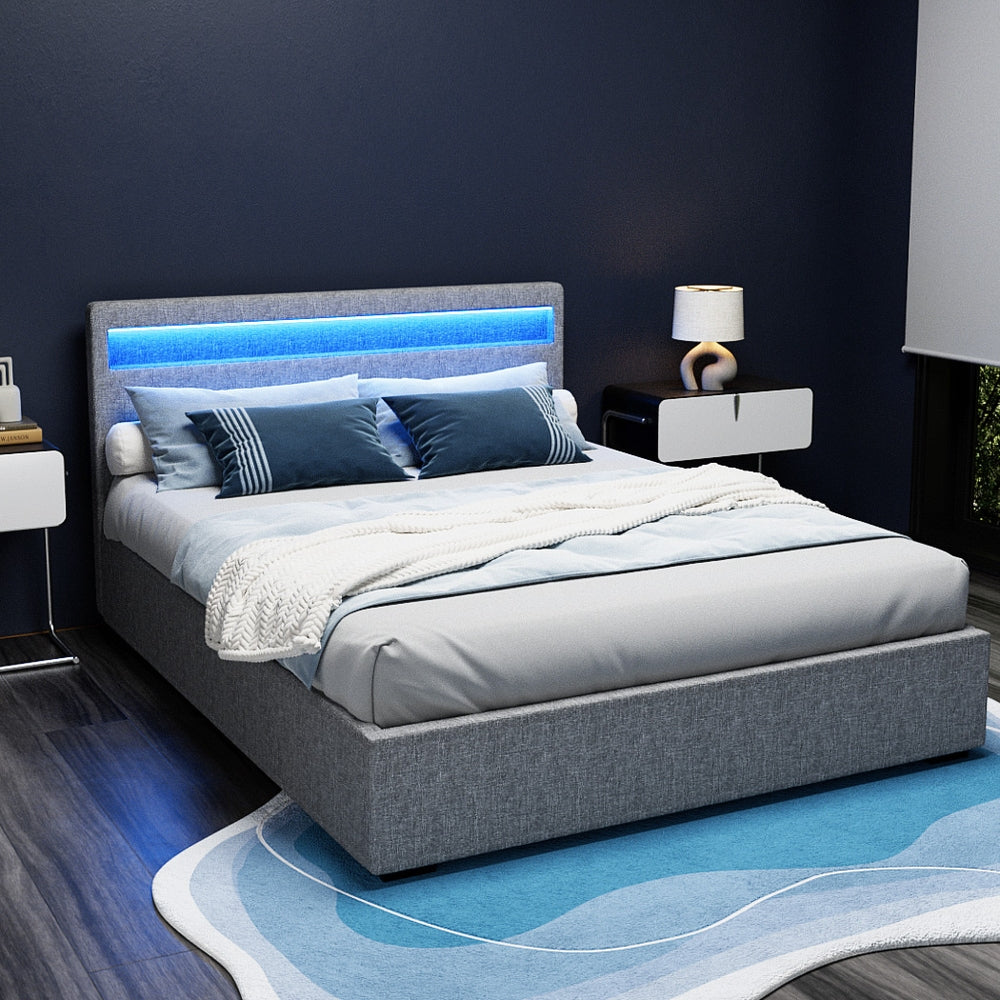 Artiss COLE grey LED bed frame lighting close-up — Allure Home Collections