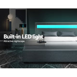 Artiss COLE queen grey LED gas lift bed frame styled in bedroom — Allure Home Collections