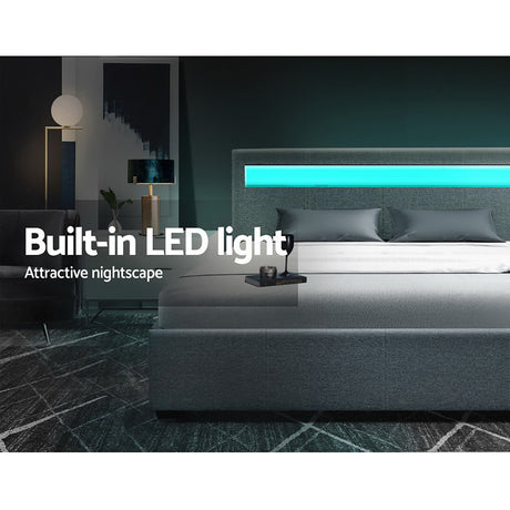 Artiss COLE queen grey LED gas lift bed frame styled in bedroom — Allure Home Collections