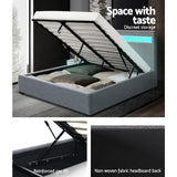 Artiss COLE queen grey LED gas lift bed frame showing 215 x 160 x 100cm — Allure Home Collections