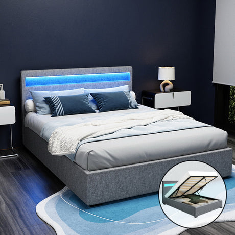 Artiss COLE queen gas lift LED bed frame in grey faux linen — full front view — Allure Home Collections
