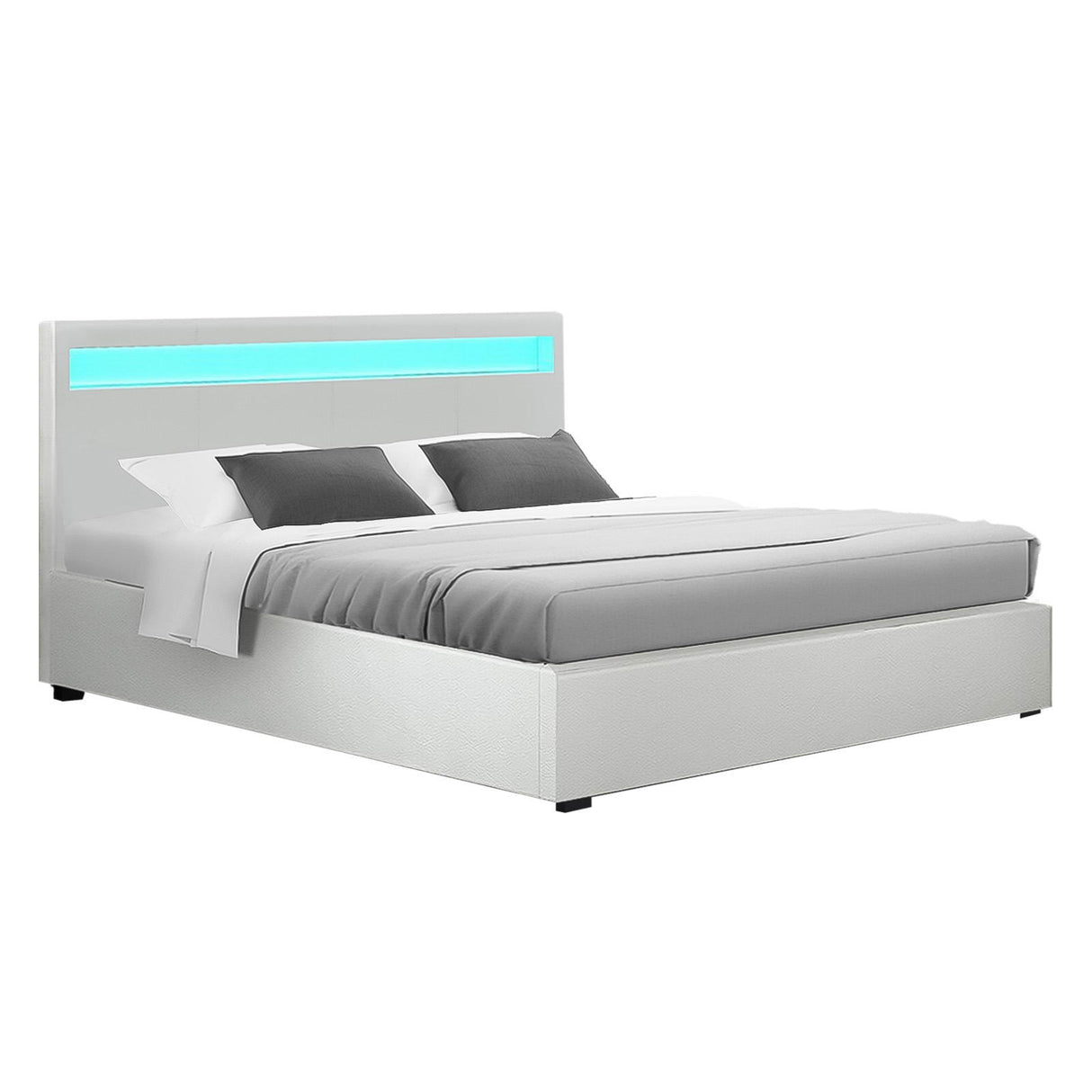 Artiss COLE white gas lift LED bed frame showing 300kg capacity — Allure Home Collections