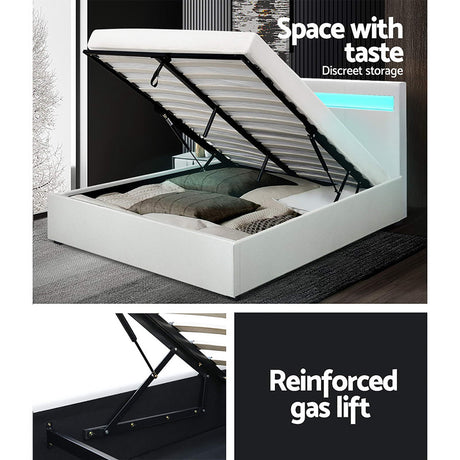 Artiss COLE queen white PVC LED gas lift bed frame showing 215 x 160cm — Allure Home Collections