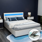 Artiss COLE queen gas lift LED bed frame in white PVC leather — full front view — Allure Home Collections