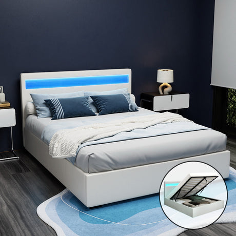 Artiss COLE queen gas lift LED bed frame in white PVC leather — full front view — Allure Home Collections