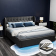 Artiss ISSA king gas lift bed frame in charcoal faux linen with tufted headboard — full view — Allure Home Collections