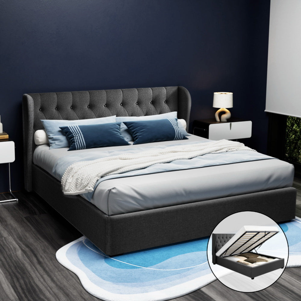 Artiss ISSA king gas lift bed frame in charcoal faux linen with tufted headboard — full view — Allure Home Collections