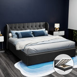 Artiss ISSA king gas lift bed frame in charcoal faux linen with tufted headboard — full view — Allure Home Collections
