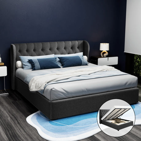 Artiss ISSA king gas lift bed frame in charcoal faux linen with tufted headboard — full view — Allure Home Collections