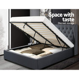 Artiss ISSA charcoal tufted gas lift bed frame showing 300kg capacity — Allure Home Collections