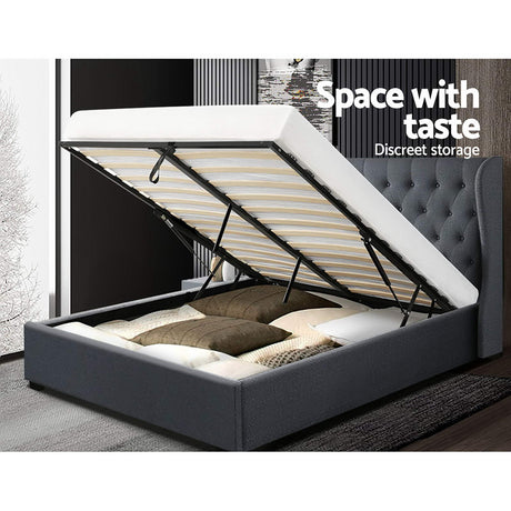 Artiss ISSA charcoal tufted gas lift bed frame showing 300kg capacity — Allure Home Collections