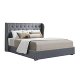 Artiss ISSA grey tufted gas lift bed frame showing full 215 x 160cm dimensions — Allure Home Collections