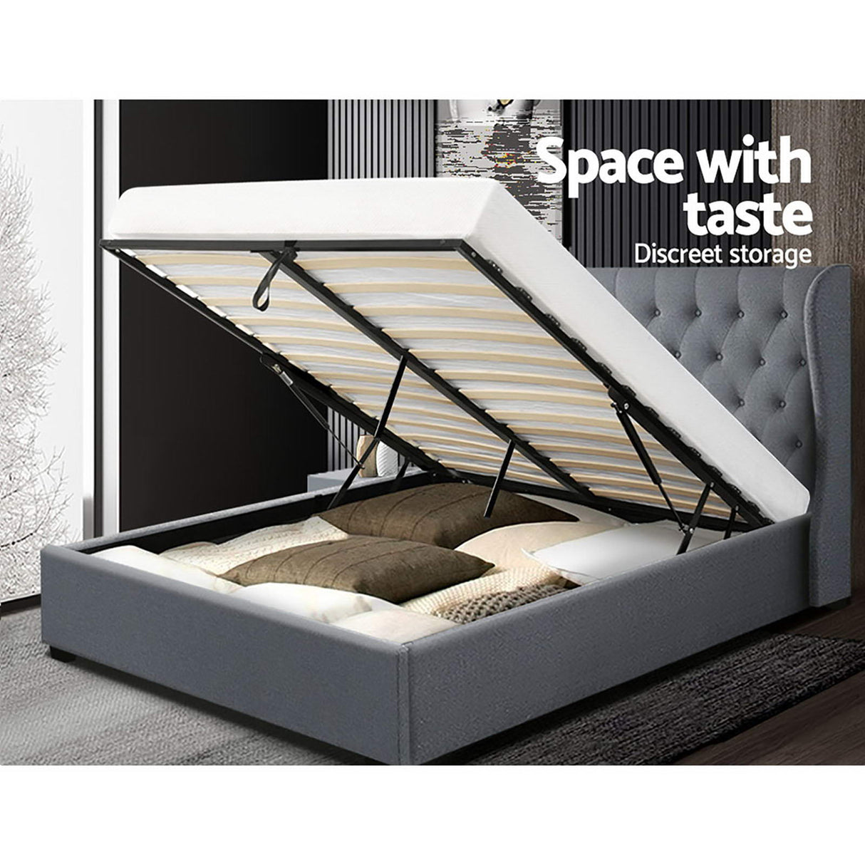 Artiss ISSA queen grey gas lift bed frame showing 300kg capacity — Allure Home Collections
