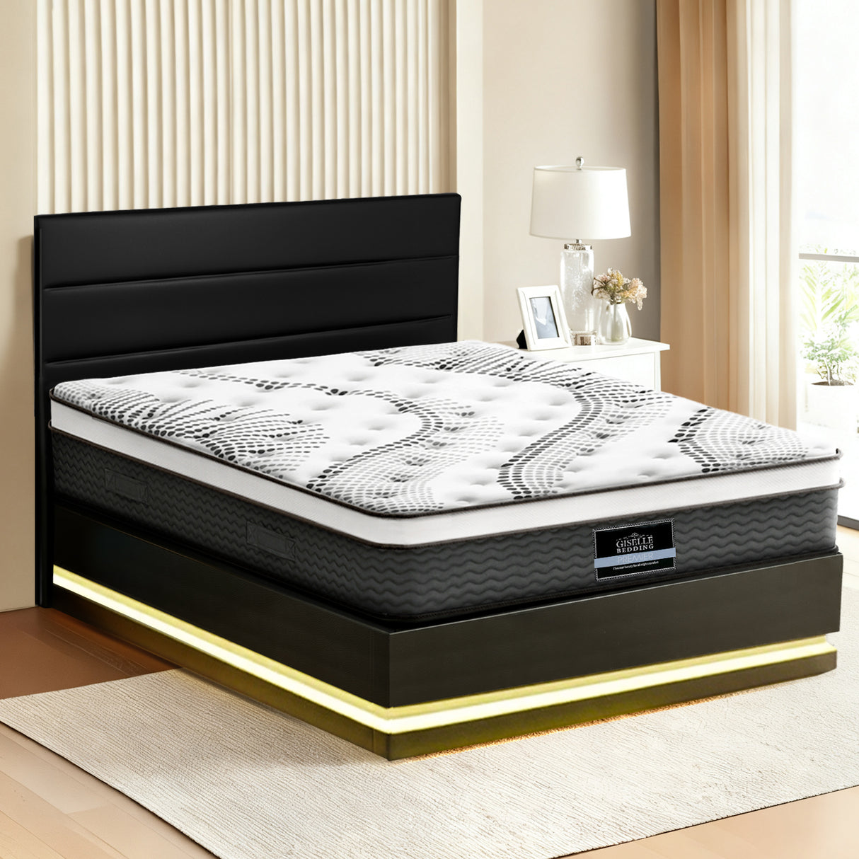 Montalcino Black Queen bed frame in a modern bedroom
