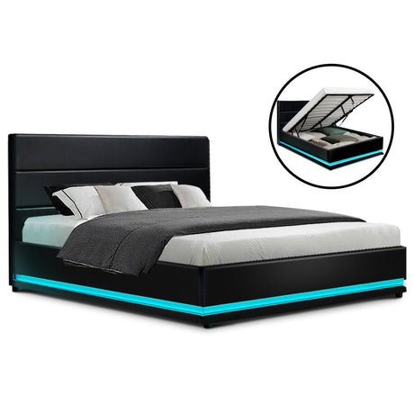 Artiss LUMI double black LED gas lift bed frame styled in bedroom — Allure Home Collections