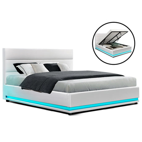 Artiss LUMI double white PVC LED gas lift bed frame showing plywood slats — Allure Home Collections