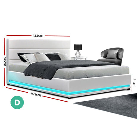 Artiss LUMI double white LED bed frame lighting detail — Allure Home Collections