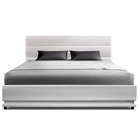 Artiss LUMI white gas lift double bed frame open showing hidden storage — Allure Home Collections