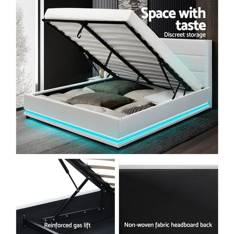 Artiss LUMI white gas lift double bed frame from foot end — Allure Home Collections