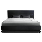 Artiss LUMI gas lift bed frame open showing hidden storage space — Allure Home Collections