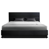 Artiss LUMI black gas lift bed frame open showing hidden storage — Allure Home Collections