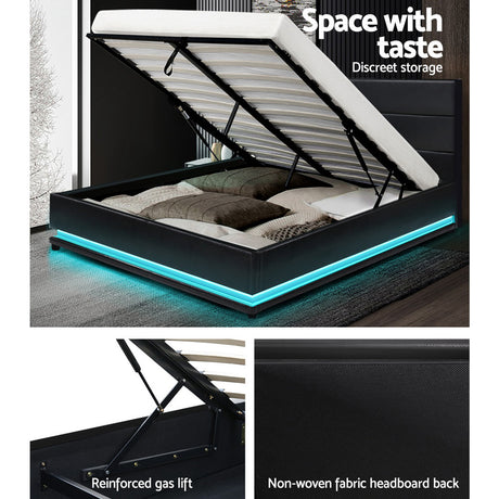 Artiss LUMI black bed frame side view showing storage compartment depth — Allure Home Collections