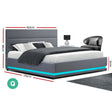 Artiss LUMI queen gas lift LED bed frame in grey faux linen — full front view — Allure Home Collections