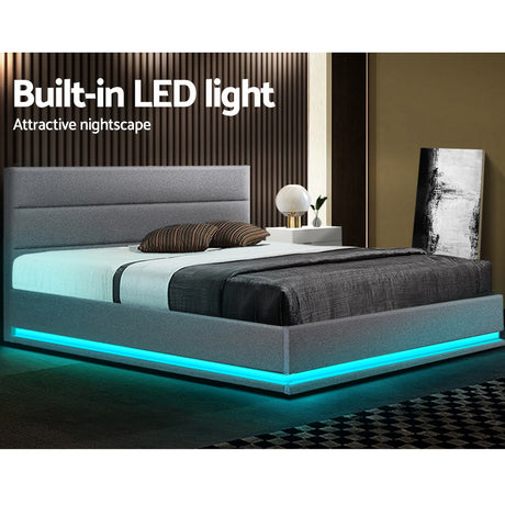 Artiss LUMI grey gas lift bed frame open showing hidden storage — Allure Home Collections
