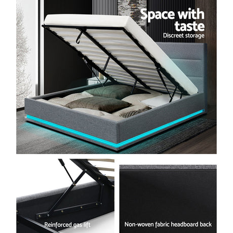 Artiss LUMI queen grey LED gas lift bed frame styled in bedroom — Allure Home Collections