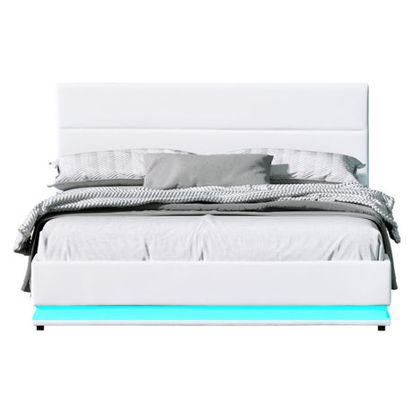 Artiss LUMI white gas lift bed frame open showing hidden storage — Allure Home Collections