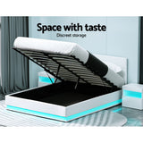 Artiss LUMI queen white LED gas lift bed frame styled in bedroom — Allure Home Collections
