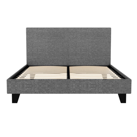 Artiss NEO double bed frame in grey faux linen — full front view — Allure Home Collections