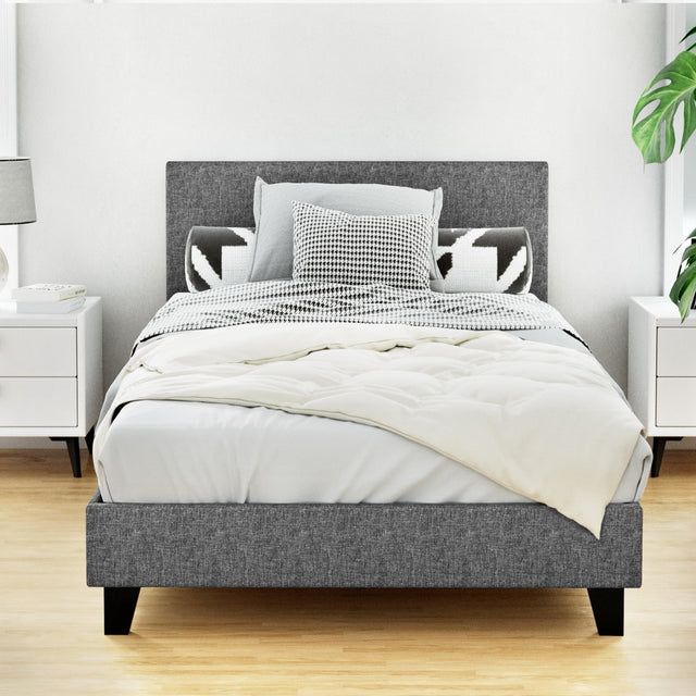 Artiss NEO king single bed frame in grey faux linen — full front view — Allure Home Collections
