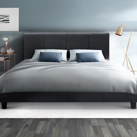 Artiss NEO queen charcoal faux linen bed frame showing 215 x 160 x 86.5cm — Allure Home Collections