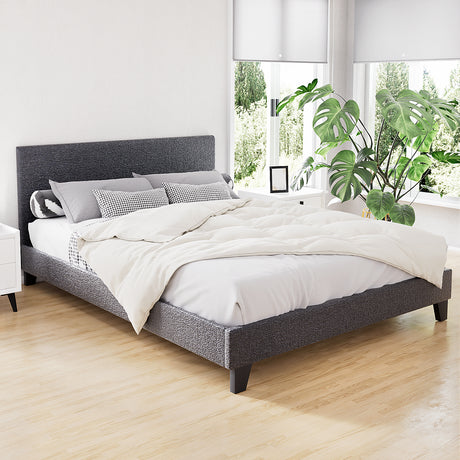 Artiss NEO queen bed frame in charcoal faux linen — full front view — Allure Home Collections